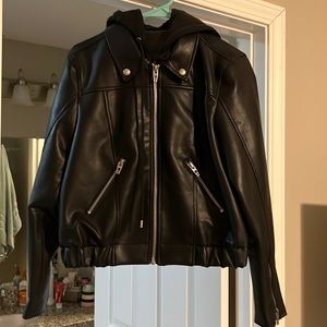 Black leather jacket with attached hoodie.